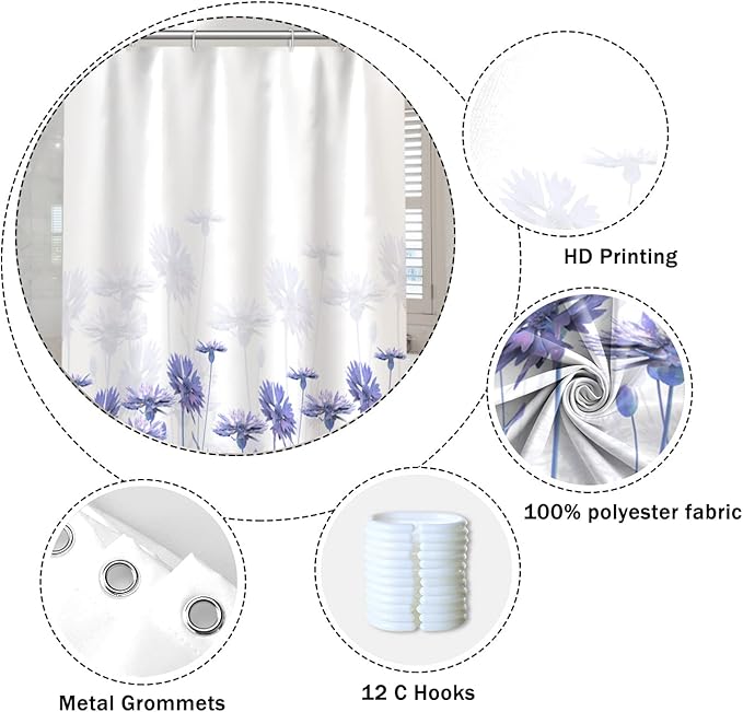 Purple Flower Shower Curtain for Bathroom Spring Floral Nature Wild Botanical Shower Curtain Waterproof Polyester Fabric Modern Art Aesthetics Home Decor Bath Curtain with Hooks, 72x96 Inch