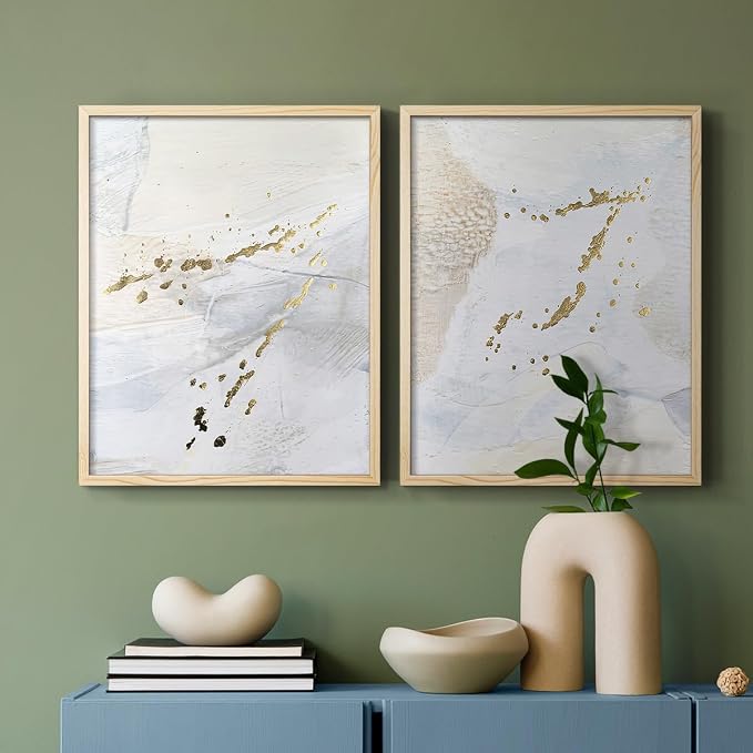 Renditions Gallery Set of 2 Peel & Stick Framed Prints, Modern Abstract Wall Art, Gold Sprinkle Oil Painting Wall Decor, Re-Stickable - Ready to Hang - 22"x28" - NATURAL WOOD Frame LT588