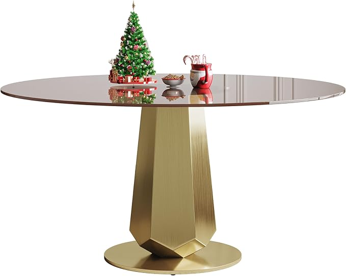 Montary 53 inch Luxury Round Dining Table with Smoked Glass Top, Modern Kitchen Table for 4-8 People, Gold Stainless Steel Base & Easy Assembly, Space Saving Breakfast Table for Apartments