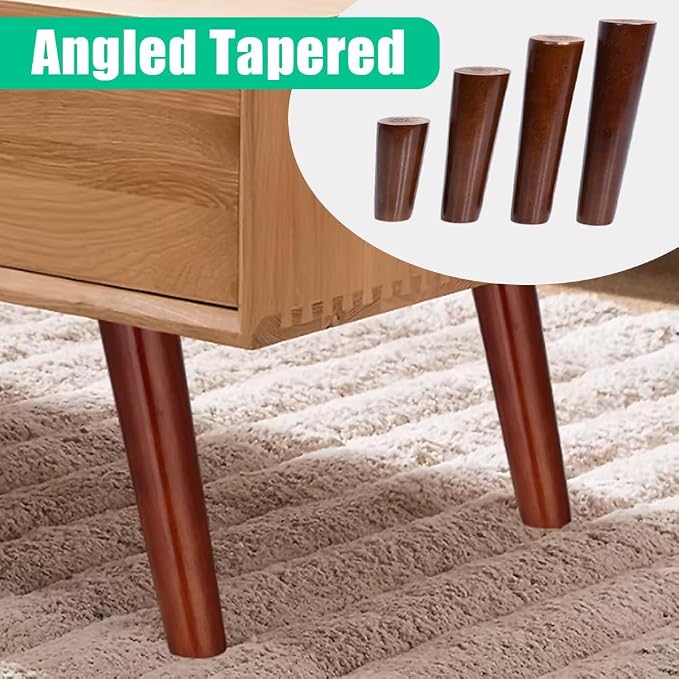 Set of 4 Walnut Wood Furniture Legs, 6 Inch Round Tapered Replacement Sofa Feet, Mid Century Style for Coffee Table, Durable Support, Easy Installation Wood 70cm/28in