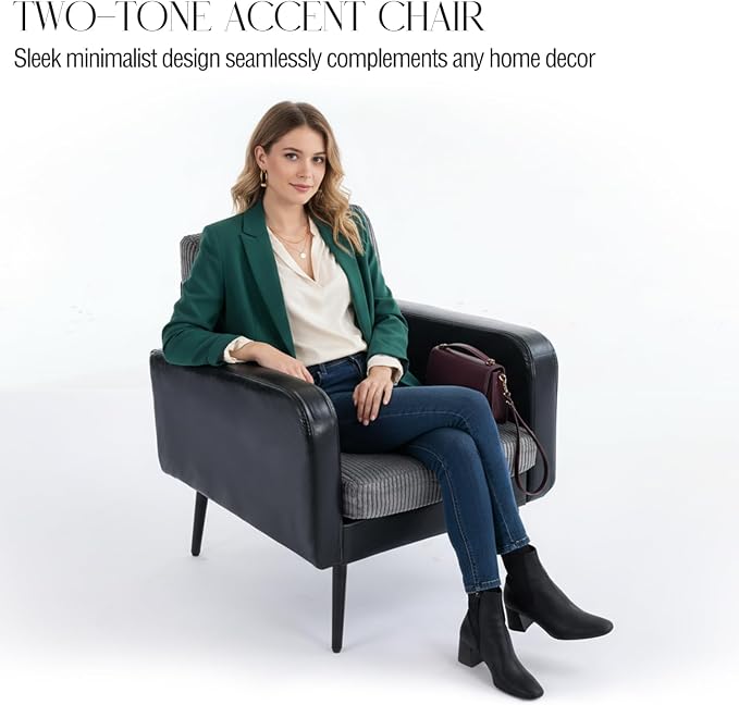 Comfy Accent Chair for Living Room Chairs Mid Century Modern Reading Chair Accent Chairs Set of 2 with Metal Legs,Upholstered Arm Chair for Bedroom Office Waiting Room (Black & Grey,2)