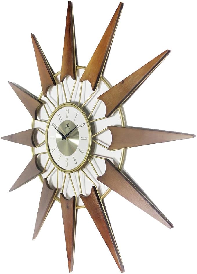 Infinity Instruments Nova Starburst Gold Wall Clock Vintage Mid Century Starburst Clock 31 inch Extra Large 50s 60s Mid Century Modern Decor Wall Hanging Sunburst Clock, Gold, Brown