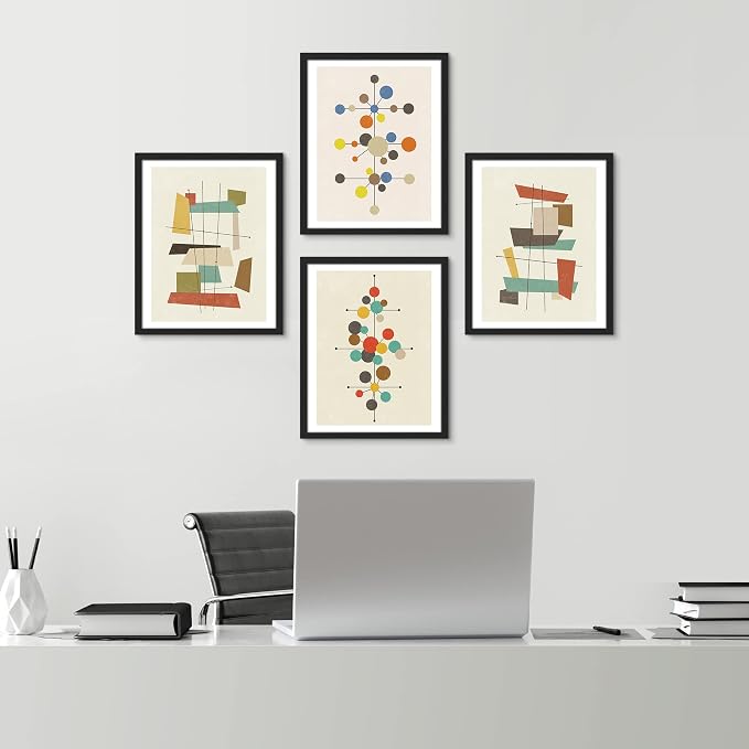 SIGNWIN Framed Mid-Century Modern 1960s Vintage Nordic Polygons Wall Art, Set of 4 Abstract Geometric Wall Decor Prints, Nature Wilderness Wall Décor for Living Room, Bedroom - 11"x14" Black