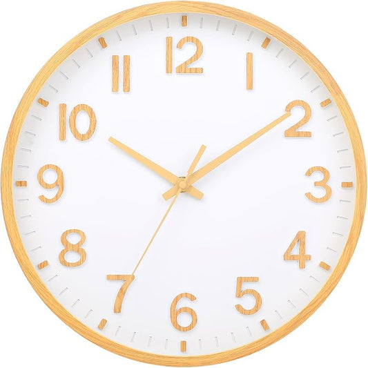 Wall Clocks Battery Operated 8 inch Modern Wall Clock,Silent Non Ticking Wall Clock for Living Room Bedroom Kitchen Office Classroom Decor (Wood Grain Yellow White)
