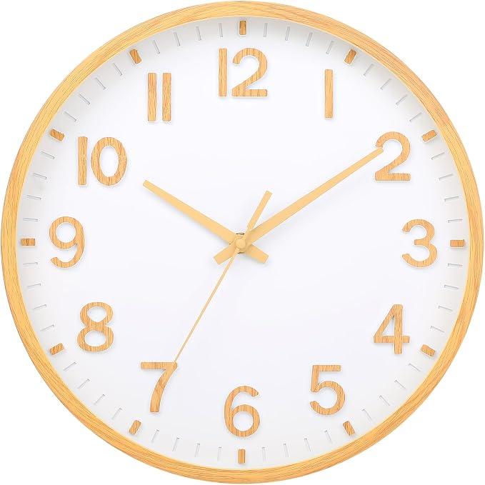 Wall Clocks Battery Operated 10 inch Modern Wall Clock,Silent Non Ticking Wall Clock for Living Room Bedroom Kitchen Office Classroom Decor (Wood Grain Yellow White)