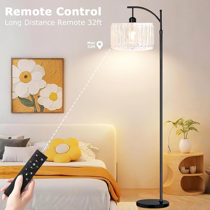ILLMTW Arc Floor Lamp for Living Room,Bedroom,Glass Standing Lamp with Remote Dimmable,Mid Century Modern White Tall Floor Lamps Boho Black Vintage Floor Light Bohemian
