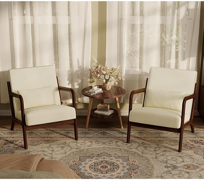 Garvee Mid-Century Chenille Accent Chair Set of 2, Cozy Reading Chair, Modern Lounge Armchair with Lumbar Pillow, Sturdy Wood Frame, for Living Room, Bedroom, Office, Beige