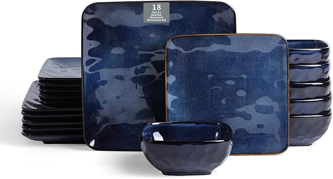 Vicrays Ceramic 18 Pieces Square Dinnerware Set - Dinner Plates Salad Plates Cereal Bowls Set Service for 6 - Scratch Resistant Microwave Oven Dishwasher Safe - Blue