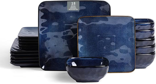 Vicrays Ceramic 18 Pieces Square Dinnerware Set - Dinner Plates Salad Plates Cereal Bowls Set Service for 6 - Scratch Resistant Microwave Oven Dishwasher Safe - Blue