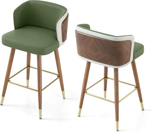 ARTPLAN Mid Century Modern Bar Stools Set of 2 for Counter Height - Leather Upholstered Seat with Walnut Wood Frame, Retro 34 Inch Bar Chairs for Home Kitchen Island, Bar, Breakfast Nook,Avocado