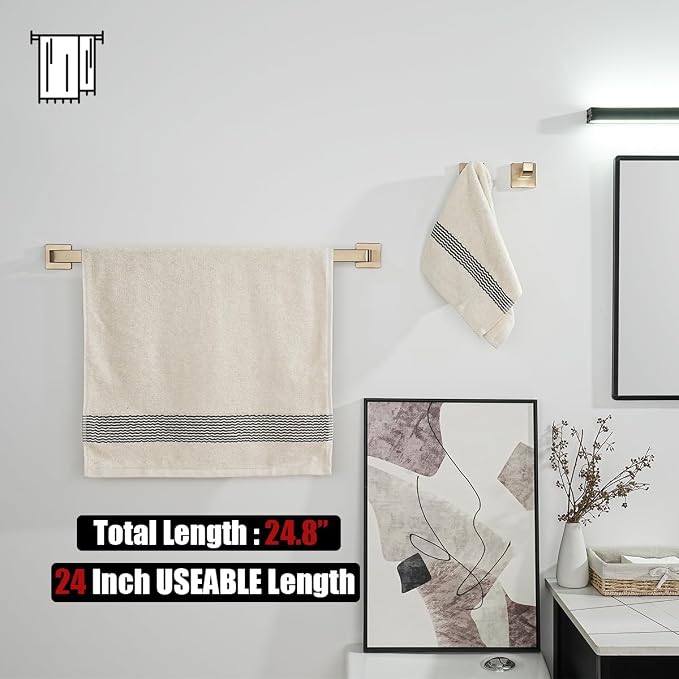 JQK Champagne Bronze Towel Bar, 24 Inch 304 Stainless Steel Thicken 0.8mm Towel Rack Bathroom, Towel Holder Wall Mount, Total Length 26.41 Inch, TB250L24-CB