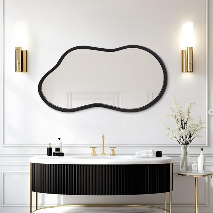 AAZZKANG Large Irregular Wall Mirror 26"x16" Black Asymmetrical Mirrors Modern Wood Frame for Bathroom Bedroom Living Room Entryway
