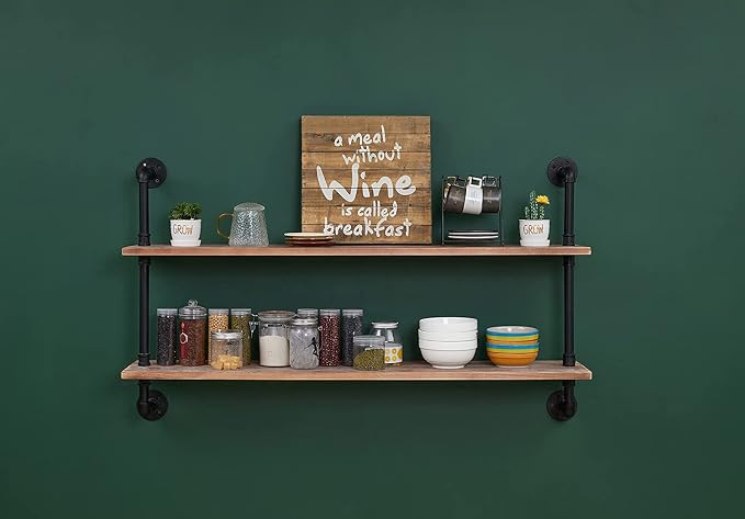 HDDFER Pipe Shelves Industrial Pipe Shelving Real Wood Industrial Floating Shelves with Wood Planks 48 inch Wall Shelves Rustic Hanging Bookshelf Farmhouse Kitchen Bar Shelving