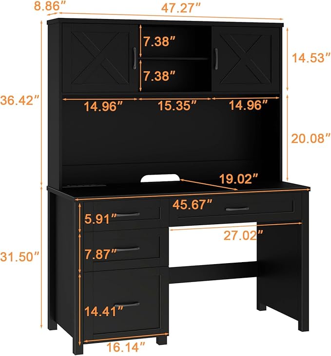 Vabches Farmhouse 67" H Executive Desk with Hutch,Office Desk with 4 Drawers and LED Light, Wood Workstation for Home Office and Study, Computer Desk with File Drawers, Charging Station.Pure Black