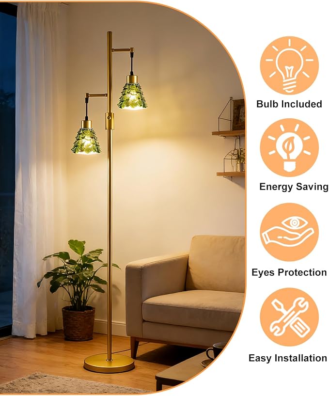 2-Light Modern Glass Floor Lamp, Gold Standing Tall Lamp with Green Shell Glass Shade, Dimmable LED Floor Lamp with 5Lbs Heavy Base for Living Room Bedroom Home Decor, Bulb Included