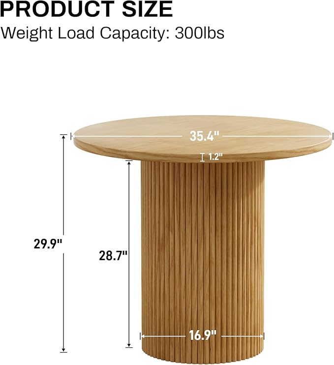 Rophefx Round Dining Table, 35.4" Modern Wood Kitchen Table for 2 to 4, Pedestal Circle Dining Tables, Fluted Dining Table for Leisure, Coffee, Kitchen, Dining Room φ35.4" x 29.9"H, Natural Wood Color