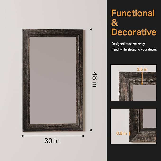 Rustic Wall-Mounted Vanity Mirror, Solid Wood Frame Bathroom Mirror, Farmhouse Style for Living Room, Bedroom, Entryway, Horizontal/Vertical Hanging