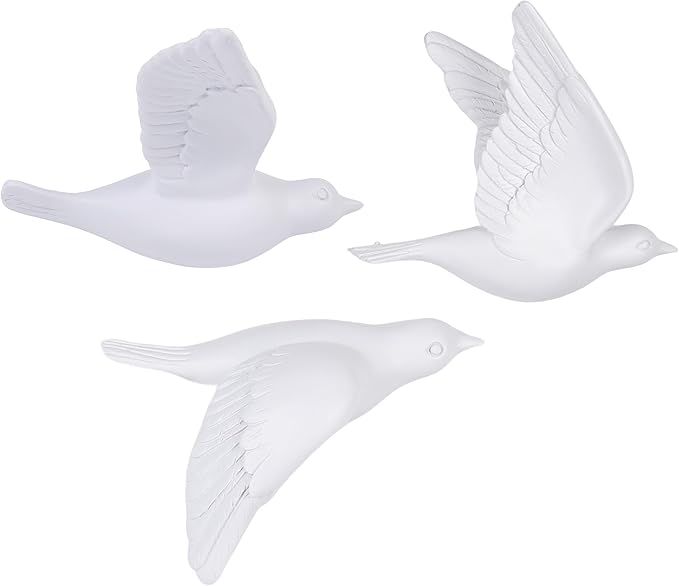 SHENGTIAN 3 Piece 3D Bird Wall Hanging - Wall Decor Flying Birds Wall Sculptures, Resin Relief Art Work for Home Wall Decor, Small Unique Wall Art with Adhesive (White)