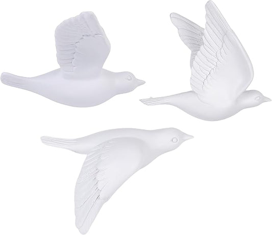 SHENGTIAN 3 Piece 3D Bird Wall Hanging - Wall Decor Flying Birds Wall Sculptures, Resin Relief Art Work for Home Wall Decor, Small Unique Wall Art with Adhesive (White)
