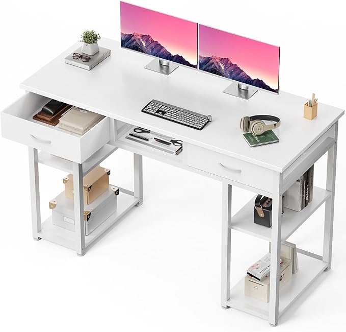 DUMOS 48" Small Computer Home Office Desk for Bedroom with Drawers, Gaming Writing Study Table with Storage Shelf, Adjustable Feet, Compact Desk for Gaming and Home Office Use, Metal Frame White