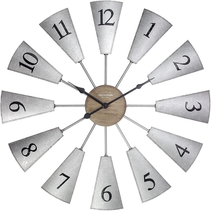Presentime & Co. 24" Lorenzo Farmhouse DIY Windmill Clock, Indoor/Outdoor Clock, Silent no Ticking, Wall Décor, Wall Art and Timepiece for Home Decoration, Galvanized and Light Gray Oak Finish