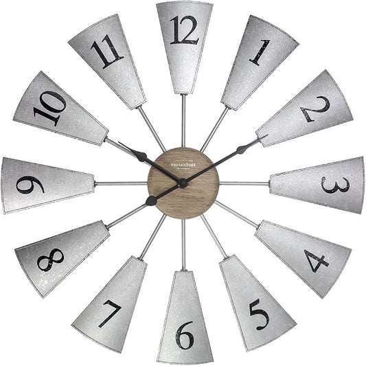 Presentime & Co. 24" Lorenzo Farmhouse DIY Windmill Clock, Indoor/Outdoor Clock, Silent no Ticking, Wall Décor, Wall Art and Timepiece for Home Decoration, Galvanized and Light Gray Oak Finish