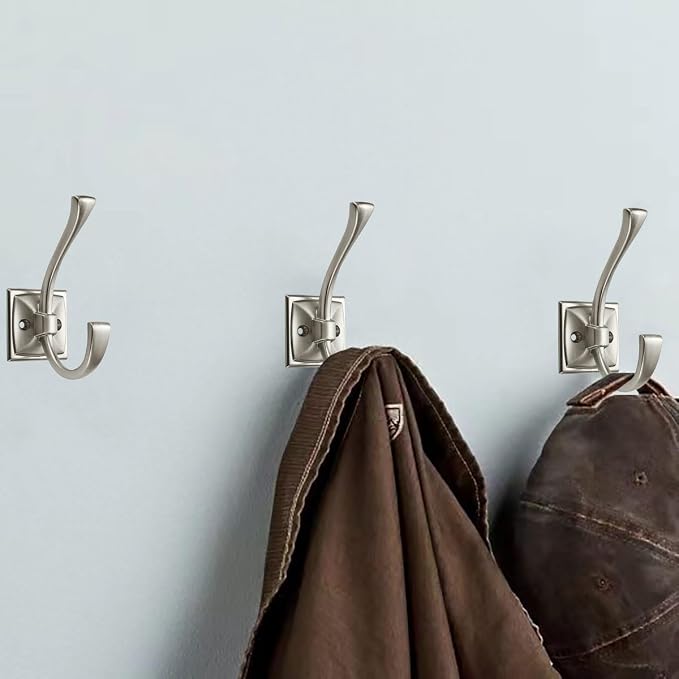 2 Pack Decorative Heavy Duty Towel Hooks for Hanging Robe Double Satin Nickel Coat Hooks Wall Mounted with Screws for Key, Towel, Bags, Cup, Hat