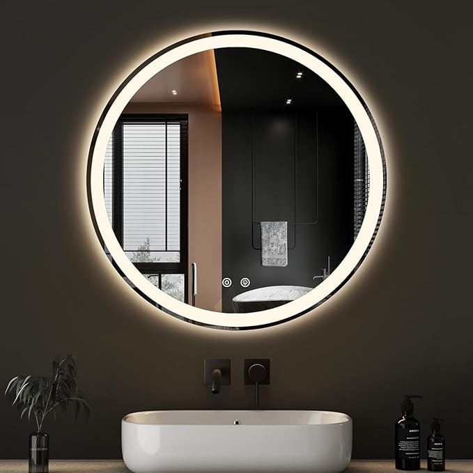 Sweetcrispy 30-Inch Round LED Bathroom Backlit Mirror with Lights, Circle Vanity Mirrors with Anti-Fog, Dimmable, 3-Color Light, Memory Function, Tempered Glass