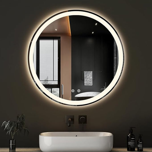 Sweetcrispy 30-Inch Round LED Bathroom Backlit Mirror with Lights, Circle Vanity Mirrors with Anti-Fog, Dimmable, 3-Color Light, Memory Function, Tempered Glass