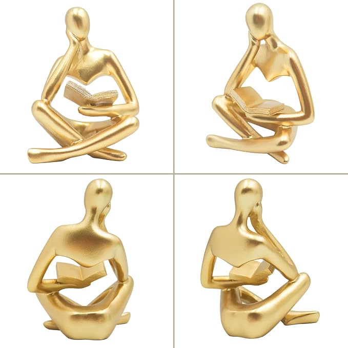 Jinkoozz Gold Reading Women Statue, Thinker Sculptures, Abstract Art Ornament, Modern Aesthetic Figurine Decoration, Suitable for Home Living Room Bedroom Office Shelf Table Desk Bookshelf Decor