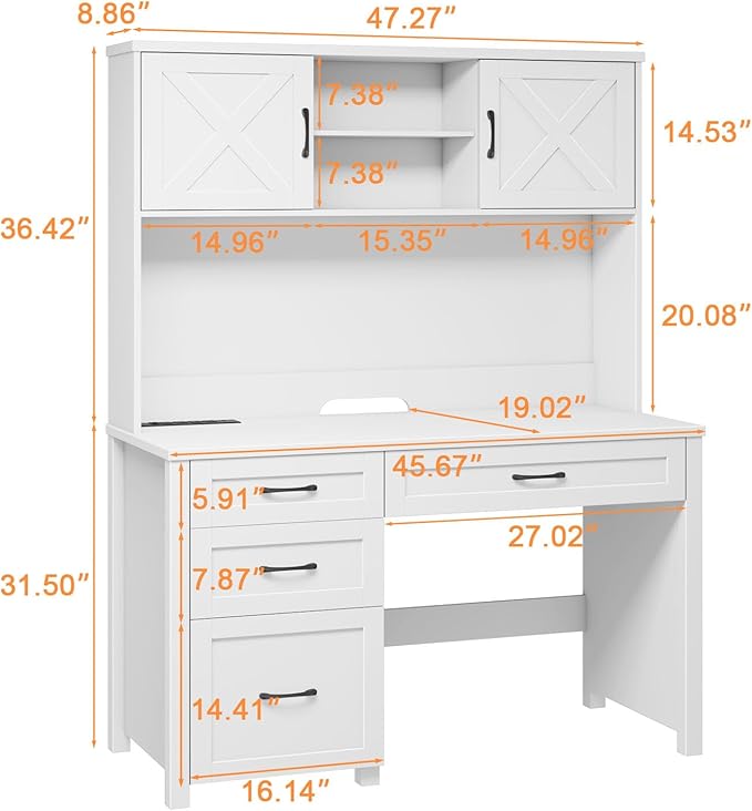Vabches Farmhouse 67" H Executive Desk with Hutch,Office Desk with 4 Drawers and LED Light, Wood Workstation for Home Office and Study, Computer Desk with File Drawers, Charging Station.Cream White