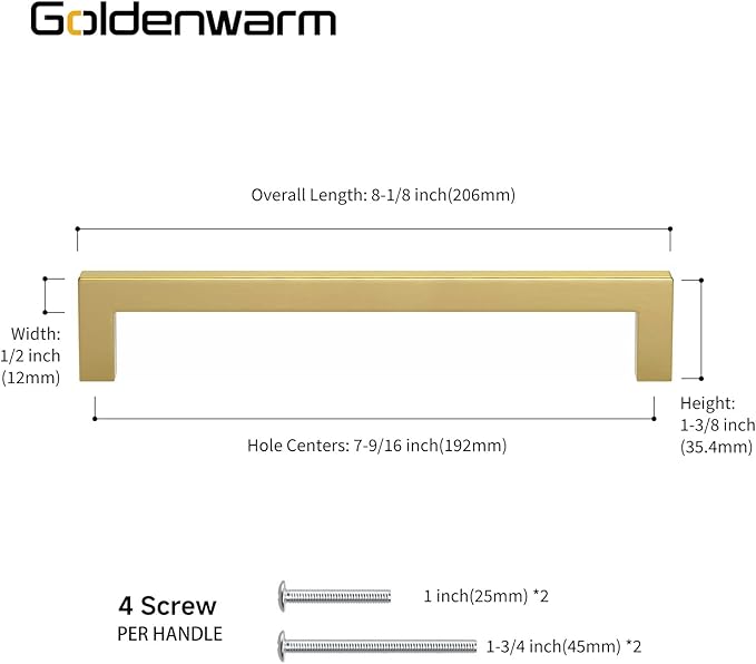 Goldenwarm Gold Cabinet Pulls Brushed Brass Drawer Pulls Gold Kitchen Cabinet Handles Square Bar Pulls Antique Brass Bathroom Cabinet Hardware,7-1/2in 2 Pack