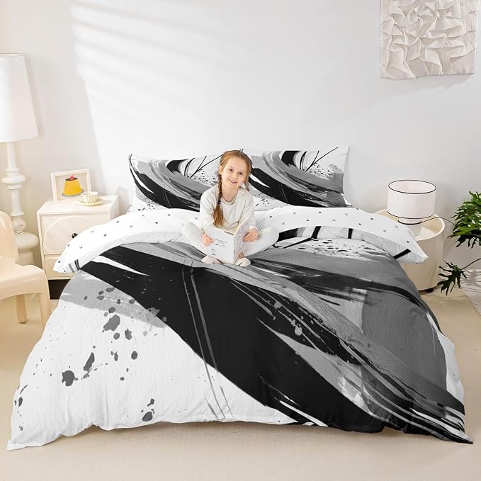 Erosebridal Black and Grey Duvet Cover Twin - Geometric Decorative Abstract Bedding Modern Striped Bed Set for Boys Adults Girls Minimalists Graffiti Aesthetic Lines Bed Cover 2 Pieces