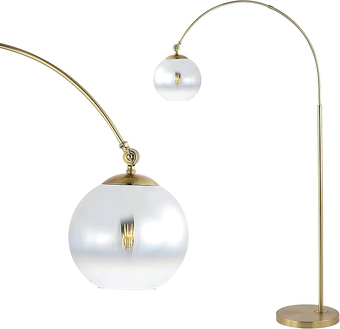 JONATHAN Y 71" Brass Gold Nora Arc Floor Lamp, Mid-Century Modern Standing Light, Vintage Iron LED Arched Reading Lamp with Mercury Glass Shade, LED Bulb Included JYL3089A