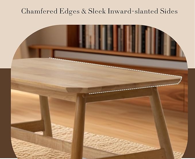 CIMOTA Coffee Table, Mid-Century Modern Rectangular Center Table, Solid Natural Wood Tea Table for Living Room, Light Wood Finish, 35.5" x 20"