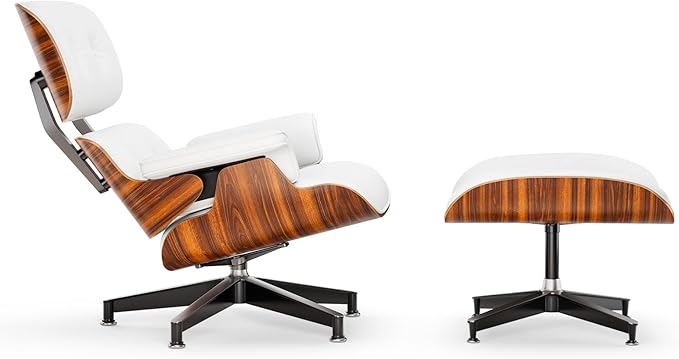 Top White PU Leather, Mid Century Chaise Lounge Chair and Ottoman, Modern Chair Classic Design, Palisander Wood, Heavy Duty Base Support for Living Room Office