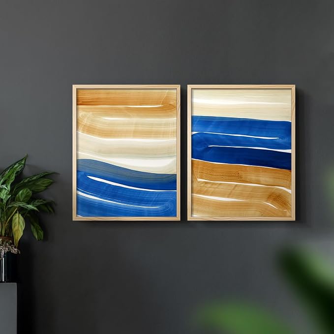 Renditions Gallery Set of 2 Peel & Stick Framed Prints, Abstract Wall Art, Blue and Gold Wave Textured Background Wall Decor, Re-Stickable - Ready to Hang - 11"x14" - NATURAL WOOD Frame LT588