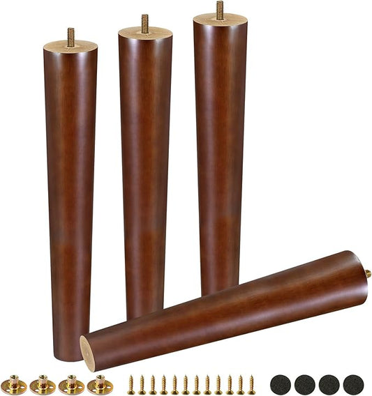 FoDau770 Brown Rubber Wood Furniture Legs 14 Inches, Straight Tapered Wood Feet Mid Century Sofa Legs Set of 4, 5/16" UNC Furniture Feet for Cabinet Couch Dresser Chair Ottoman Table