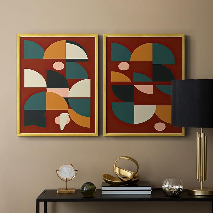 Renditions Gallery Set of 2 Peel & Stick Framed Prints, Mid Century Abstract Wall Art, Modern Geometric Shapes Wall Decor, Re-Stickable - Ready to Hang - 11"x14" - GOLD Frame LT588