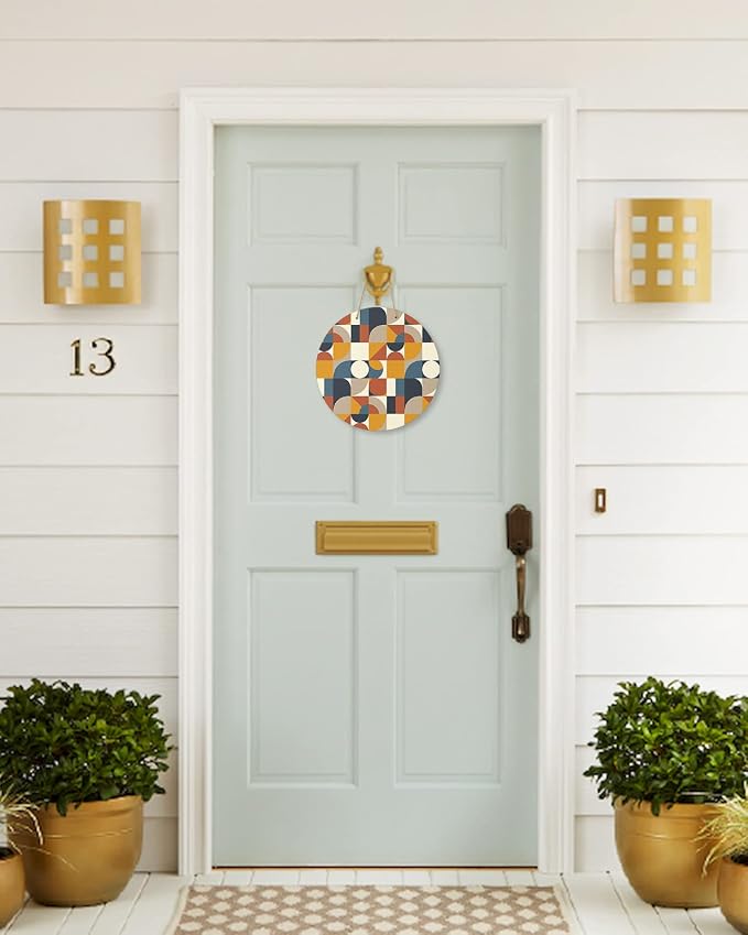 Welcome Sign for Front Door Decor,Modern Vintage Geometric Europen Mid Century Wood Door Hanger for Outdoor Outside Porch,12 Inch Round Wooden Wreath Indoor Wall Hanging Decoration