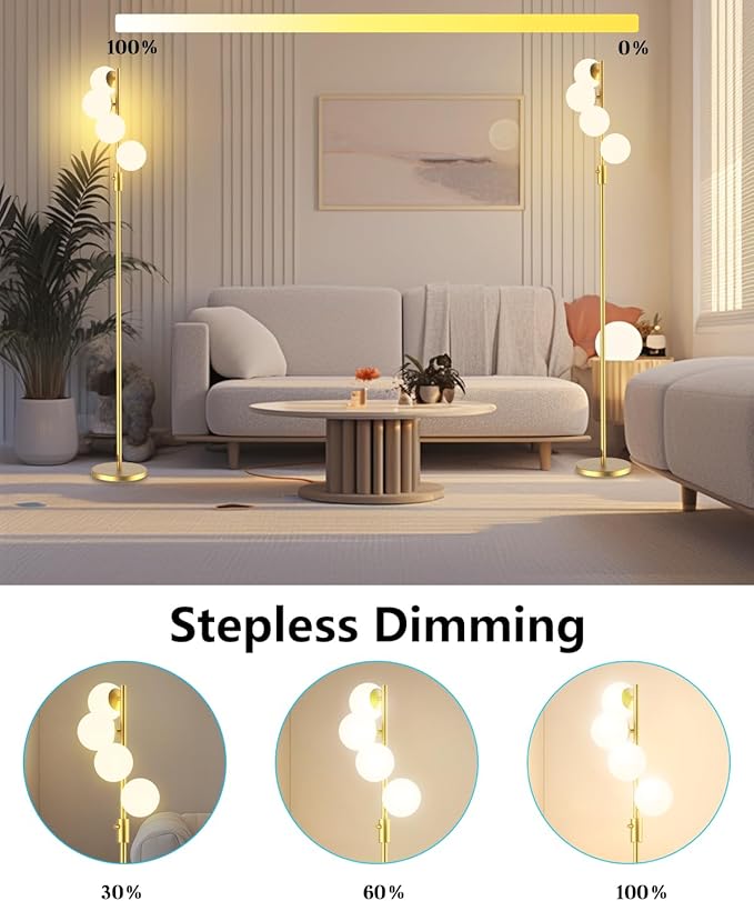 Gold Globe Floor Lamp Dimmable 64IN Tall Standing Lamps with Soft Warm White Eye Care 3000K G9 Bulbs, Mid Century Modern Floor Lamp with 5Lbs Heavy Base for Living Room Bedroom
