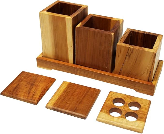 EcoDecors 29 inch Bath Caddy Tray for Bathtub with Eleganto 3 Piece Teak Wood Bath Amenities Set Bundle