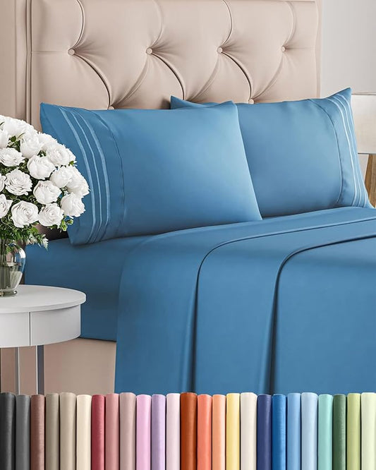 Cal King Size 4 Piece Sheet Set - Comfy Breathable & Cooling Sheets - Hotel Luxury Bed Sheets for Women & Men - Deep Pockets, Easy-Fit, Soft & Wrinkle Free Sheets - Denim Blue Oeko-Tex Bed Sheet Set