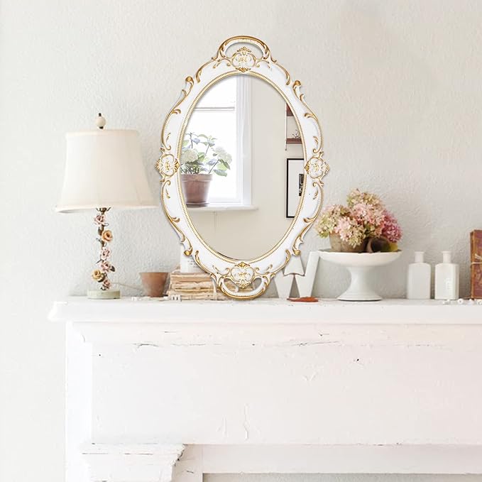 Eaoundm 14.5 x 10 inchs Oval Antique Decorative Wall Mirror Vintage Hanging Mirror (White 2 Pcs)
