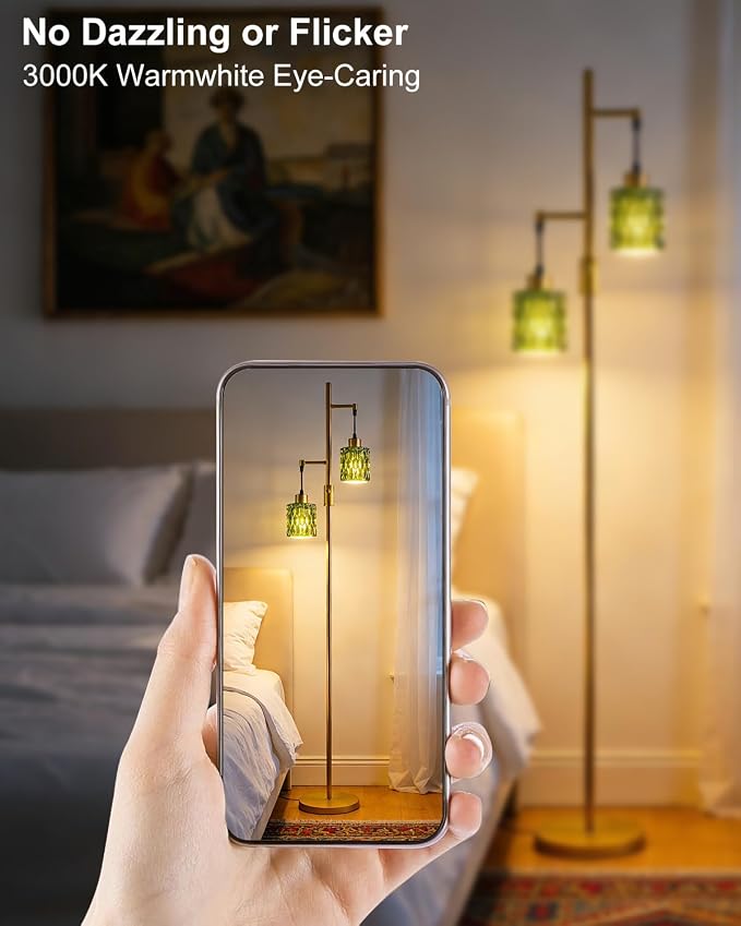 65IN Glass Floor Lamp, 2-Light Gold Tall Standing Lamps Dimmable with Green Glass Lampshade, 3000K Warmwhite Mid Century Modern Floor Lamp with 5Lbs Heavy Base for Living Room/Bedroom/Corner