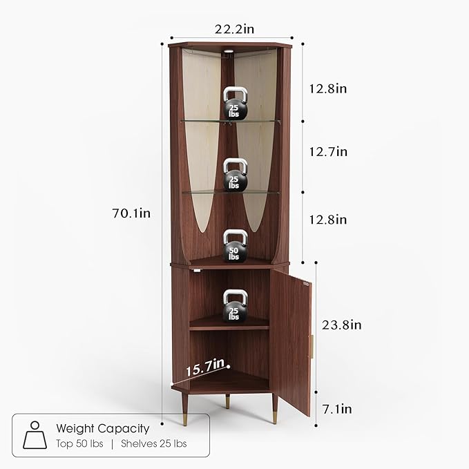 70" Tall Corner Bar Cabinet, Mid-Century Modern Fluted Storage Cabinet with Glass Shelves, Door & LED Lighting, Space-Saving Liquor Cabinet for Living Room, Kitchen, or Dining Room, Walnut