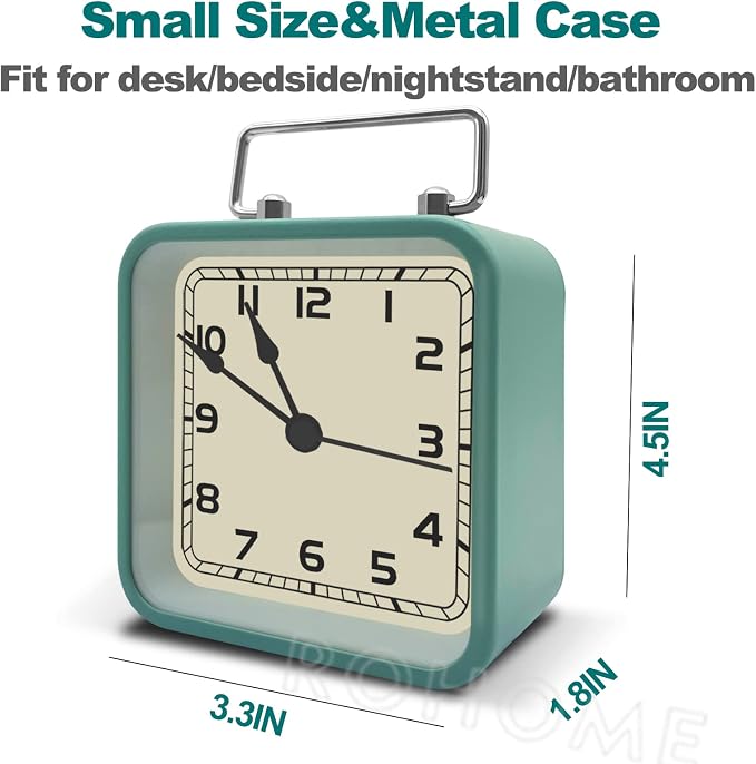 Rohome Small Alarm Clock, Retro Silent Quartz Movement with Night Light, Decorative Vintage Non Ticking Clock for Living Room, Office, Desk, Bedroom, Bedside, Hotel, Shelf, Nightstand (Light Blue)