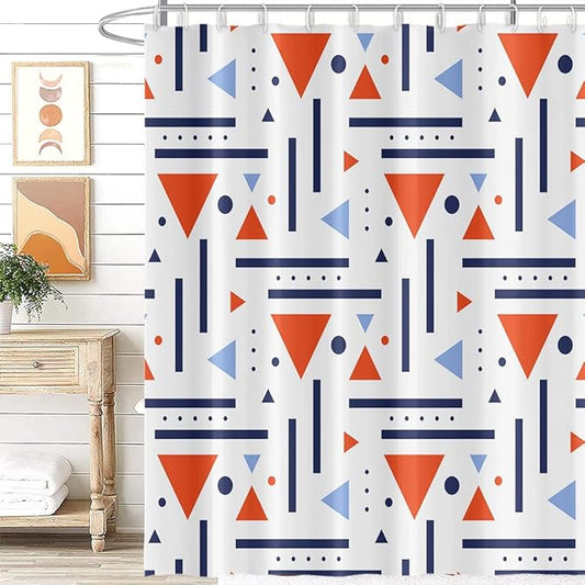 Abstract Geometric Shower Curtain Boho Orange Triangle Navy Blue Stripes Pattern Design for Modern Minimalist Bathroom Decor Accessories Shower Curtain Set with 12 Hooks, 60x72 Inches