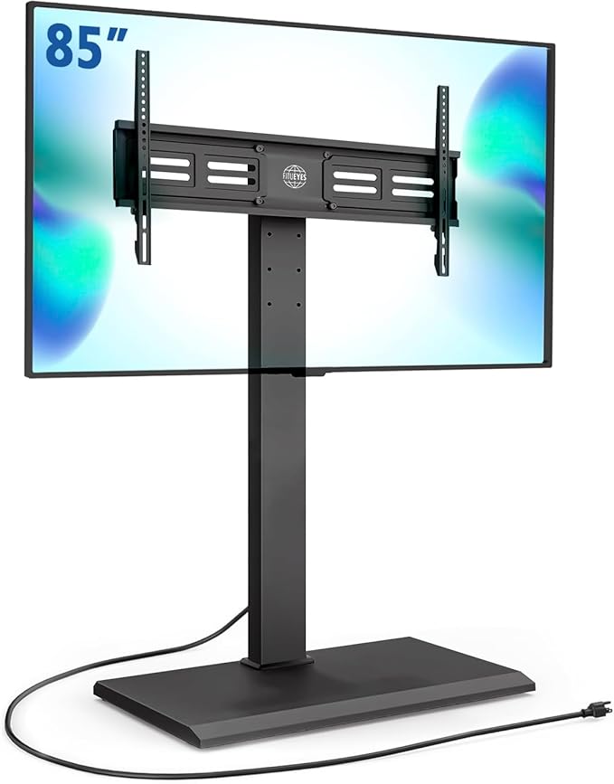 FITUEYES Iron Base Floor TV Stand with Power Strip, Tall TV Stand with Swivel Mount for 50-85 Inch Plasma Flat Panel or Curved Screen TVs Height Adjustable Wire Management(White,with Power Outlet)