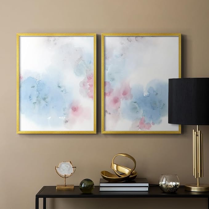 Renditions Gallery Set of 2 Peel & Stick Framed Prints, Watercolor Abstract Wall Art, Cotton Candy Splash Wall Decor, Re-Stickable - Ready to Hang - 8"x10" - GOLD Frame LT588